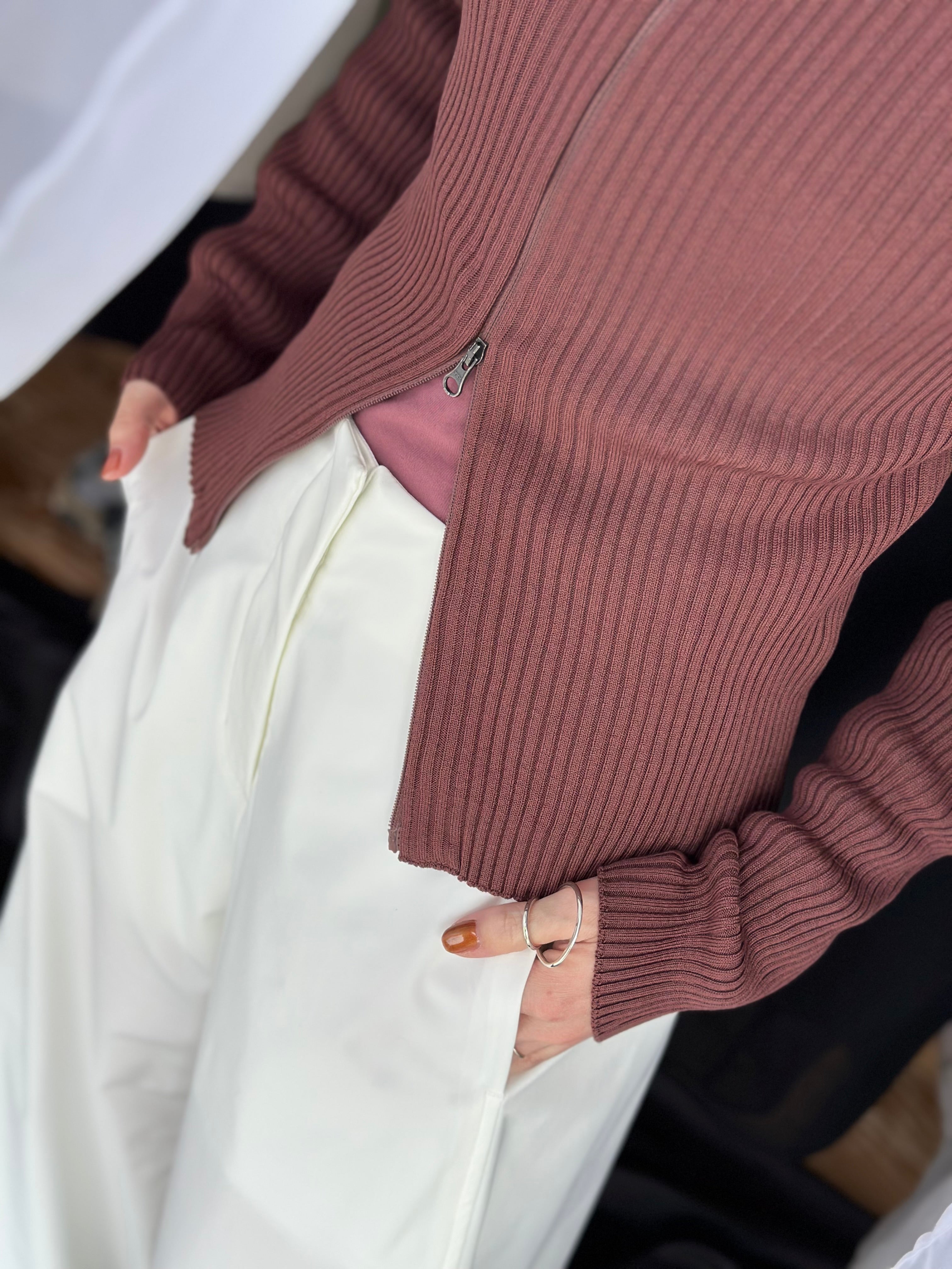 AMOMENTO RIBBED MOCK NECK CARDIGAN
