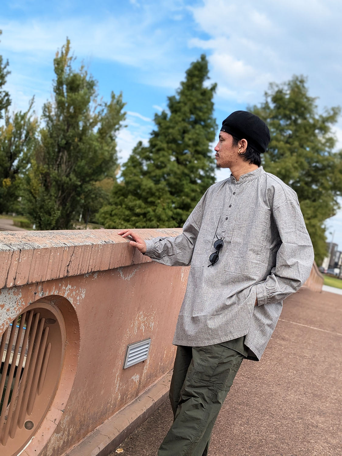 Porter Classic STAND COLLAR LONG SMOCK SHIRT(GRAY)