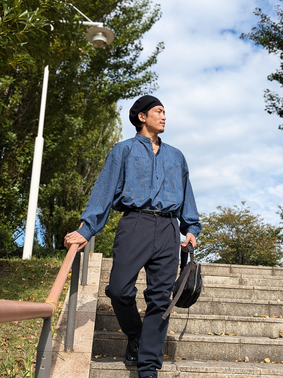 Porter Classic STAND COLLAR LONG SMOCK SHIRT(INDIGO STRIPE)