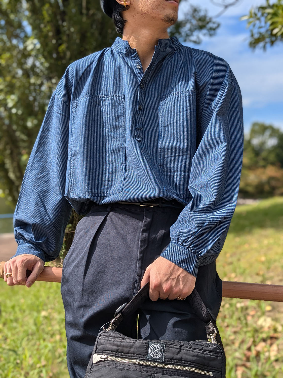 Porter Classic STAND COLLAR LONG SMOCK SHIRT(INDIGO STRIPE)
