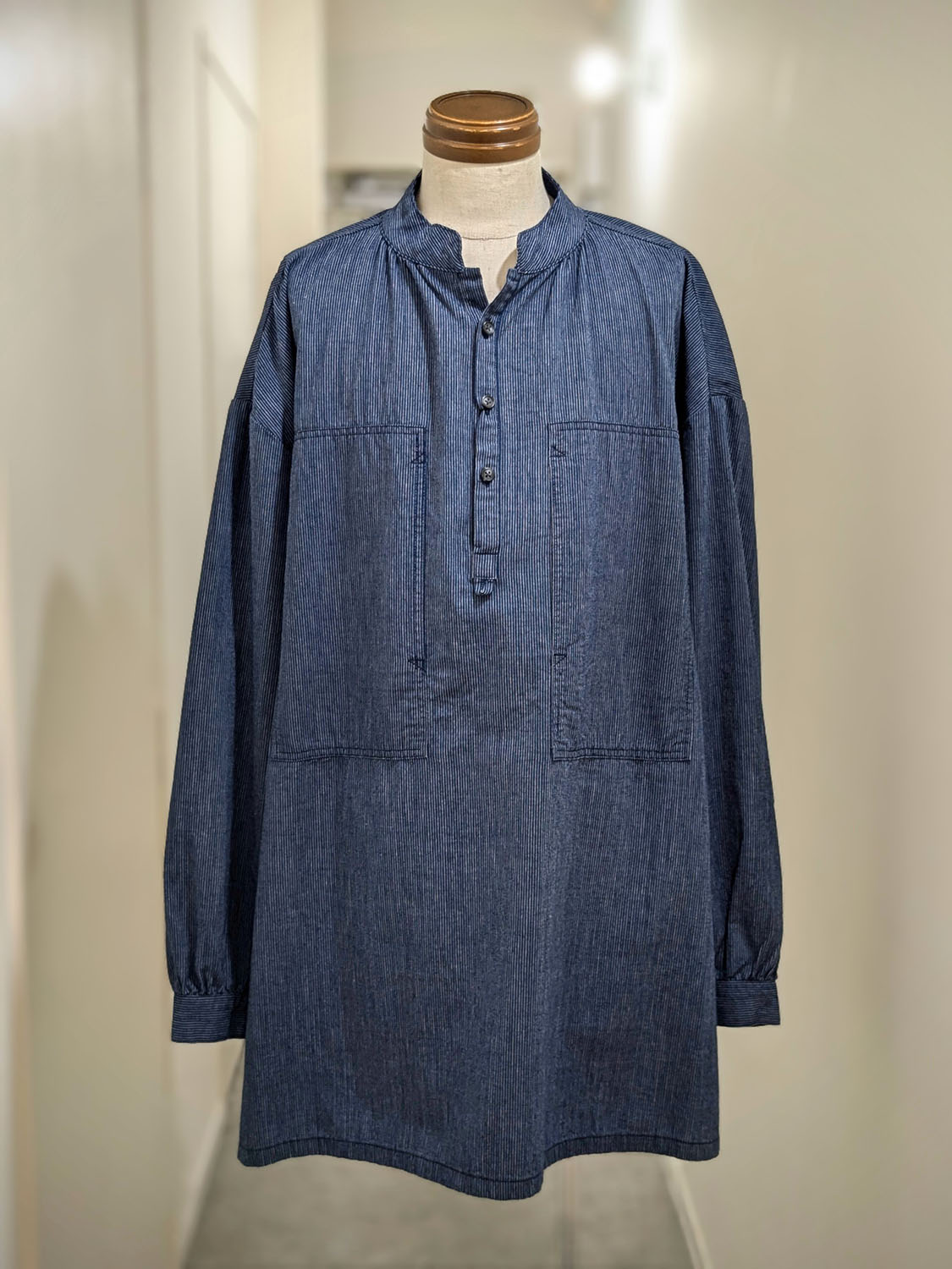 Porter Classic STAND COLLAR LONG SMOCK SHIRT(INDIGO STRIPE)