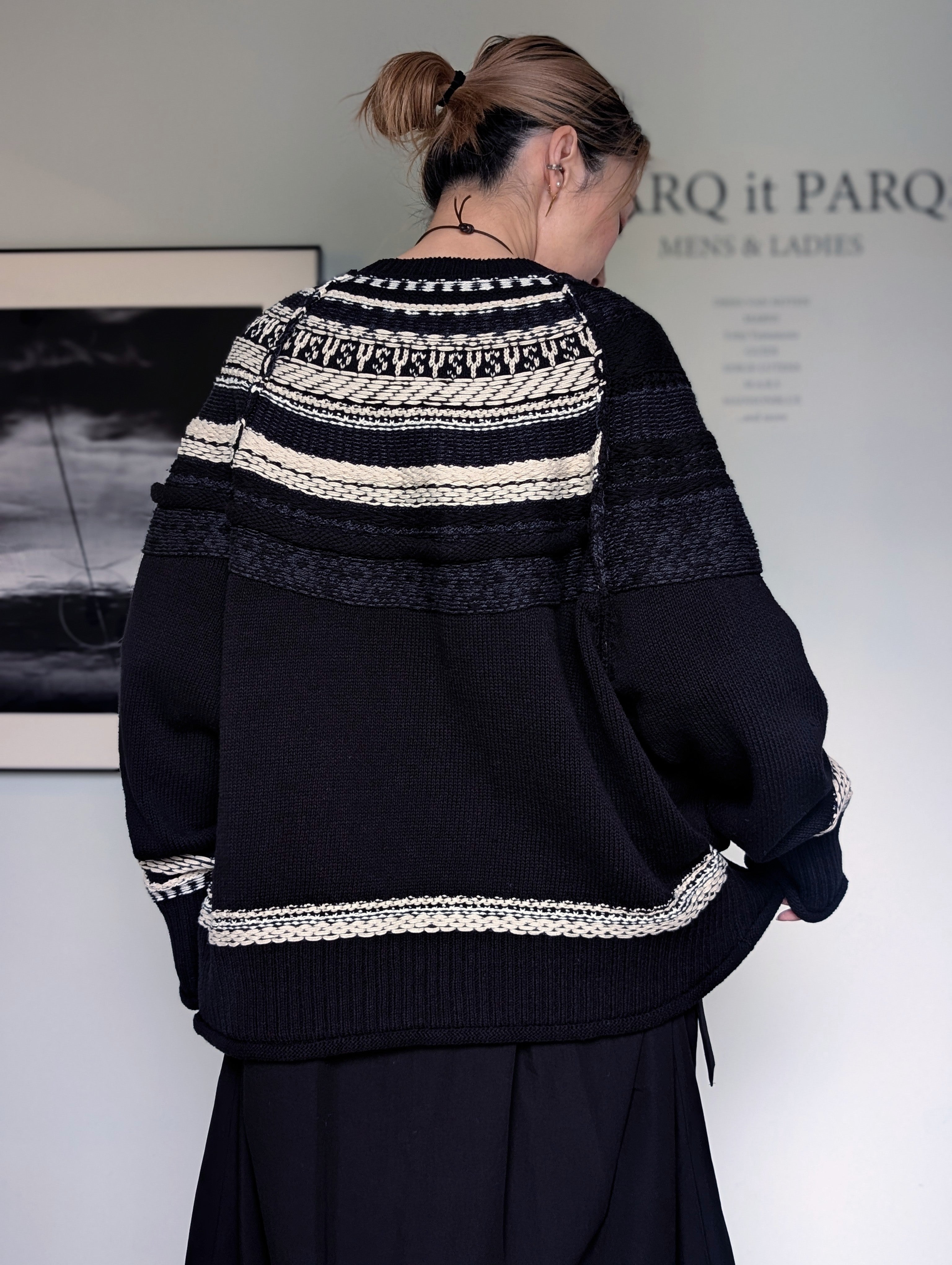 Y's MIXED MATERIAL FAIR ISLE ROUND NECK CARDIGAN