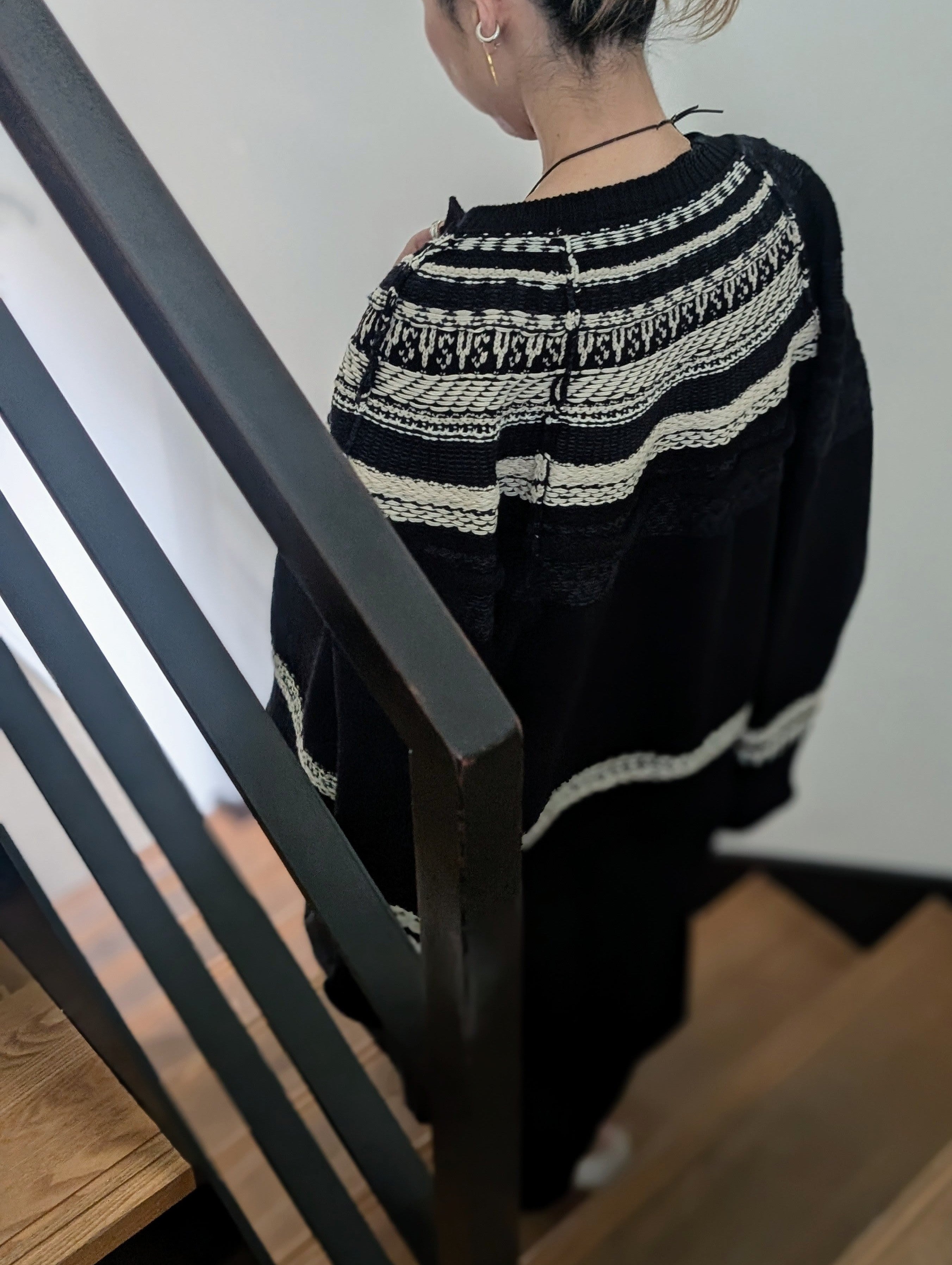 Y's MIXED MATERIAL FAIR ISLE ROUND NECK CARDIGAN