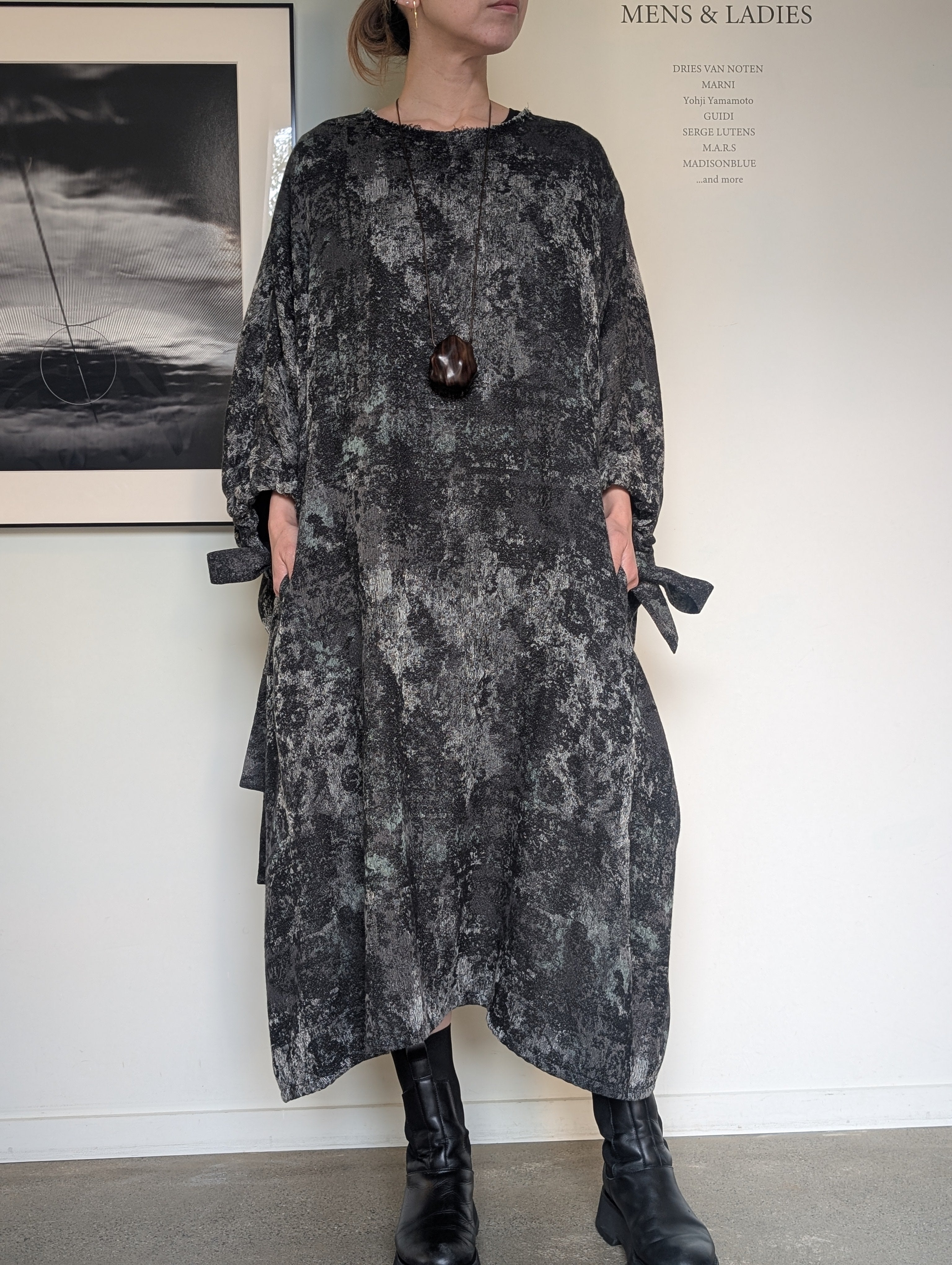 Y's RUG PATTERN JACQUARD SLEEVE ROUNDNECK DRESS
