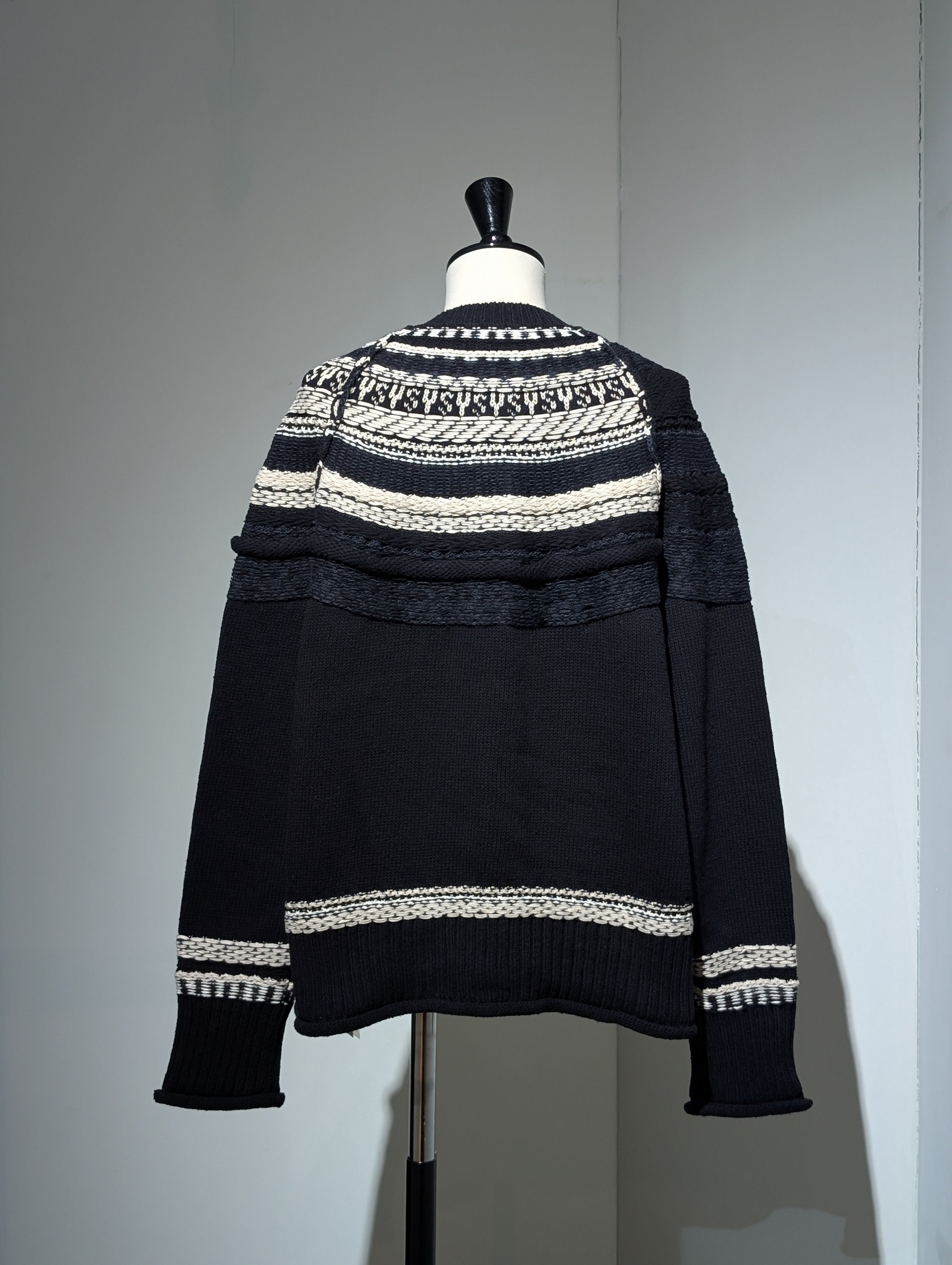 Y's MIXED MATERIAL FAIR ISLE ROUND NECK CARDIGAN