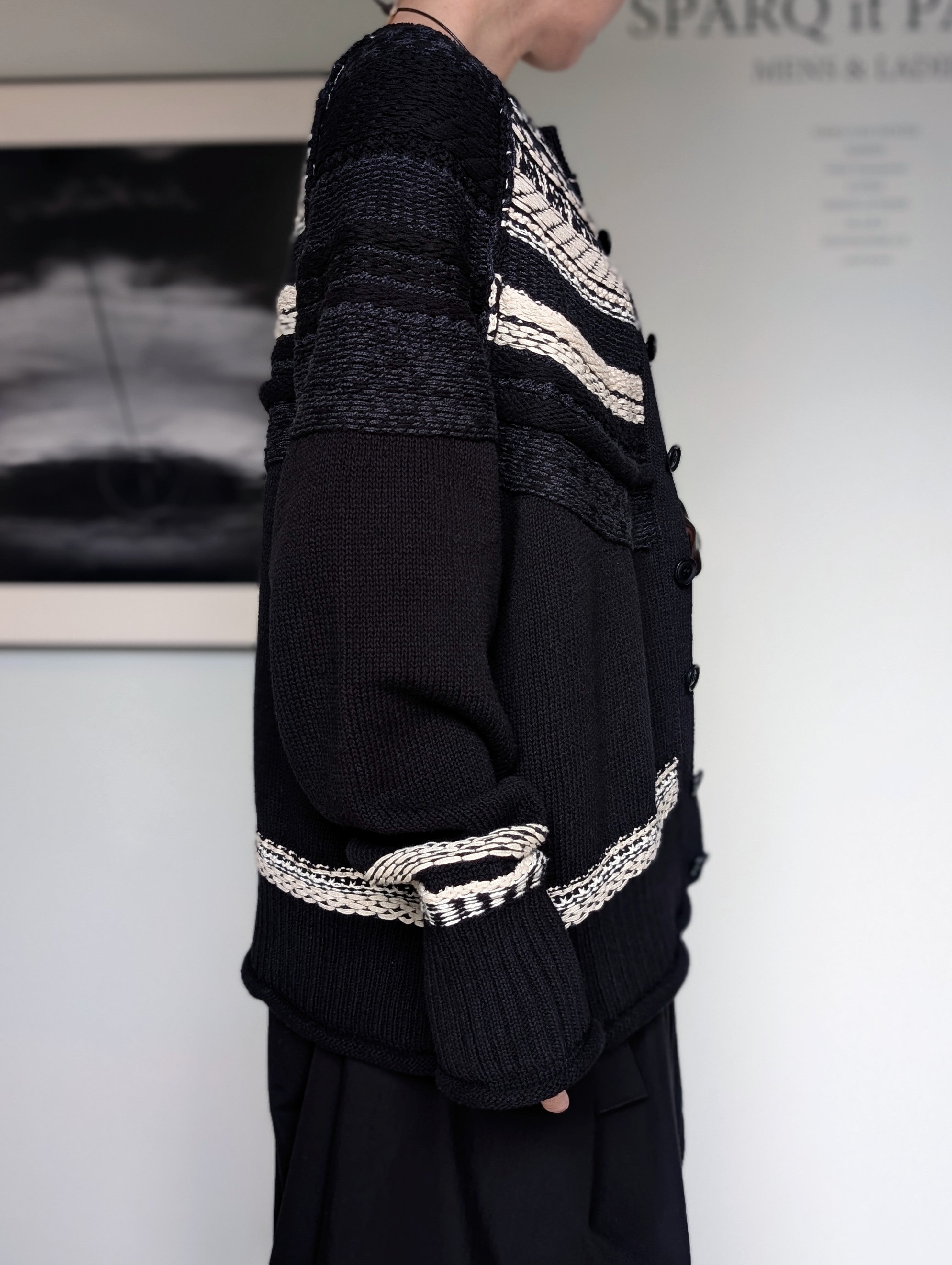 Y's MIXED MATERIAL FAIR ISLE ROUND NECK CARDIGAN