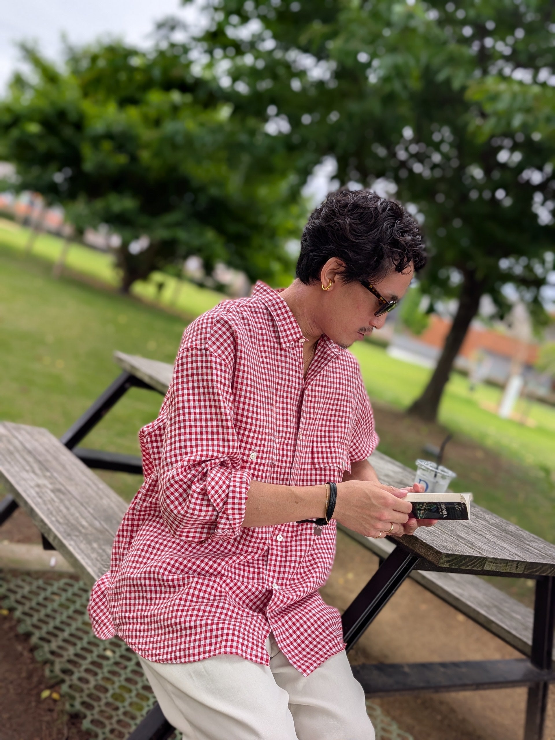 Porter Classic ROLL UP LINEN GINGHAM CHECK SHIRT