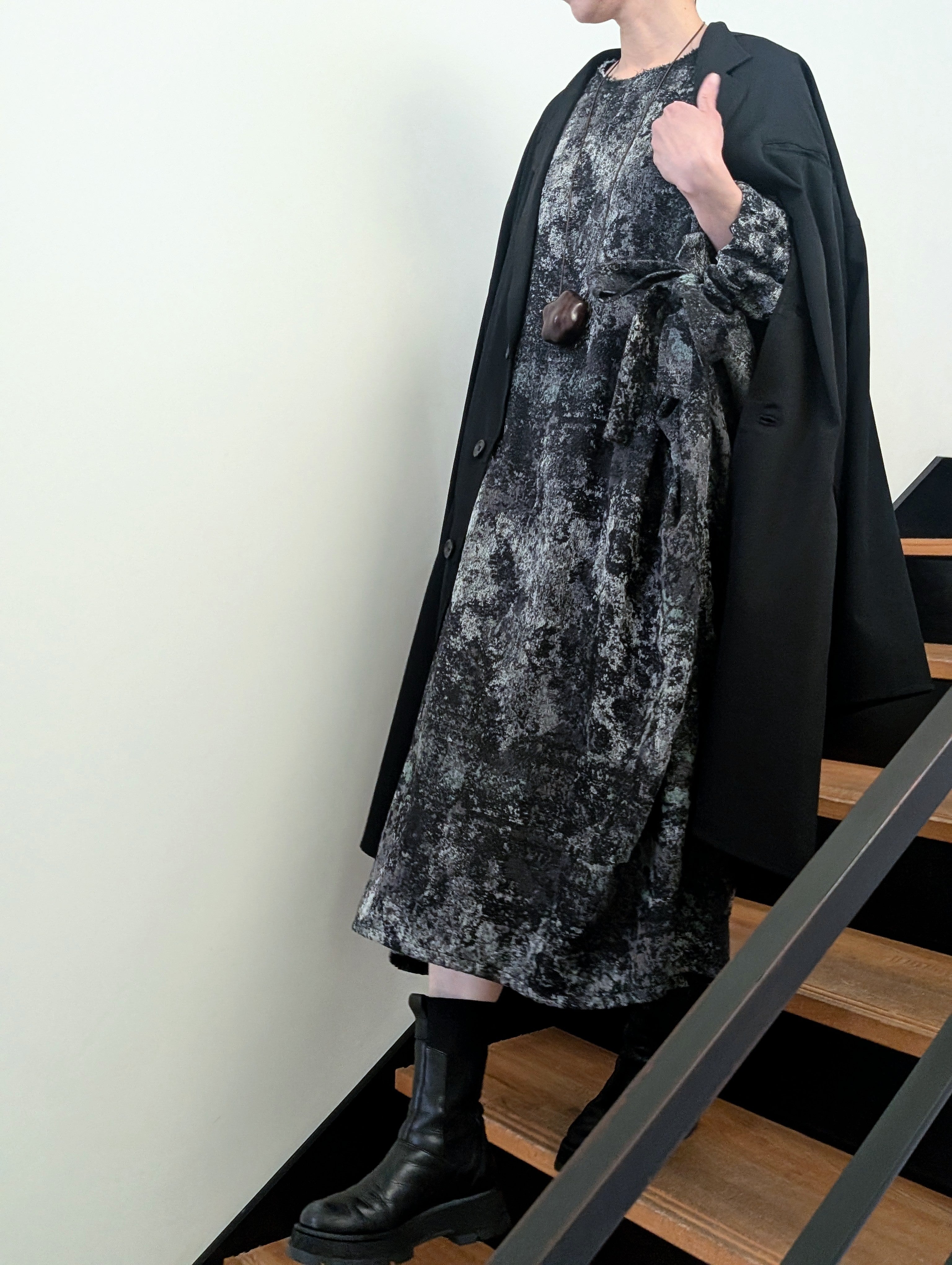 Y's RUG PATTERN JACQUARD SLEEVE ROUNDNECK DRESS
