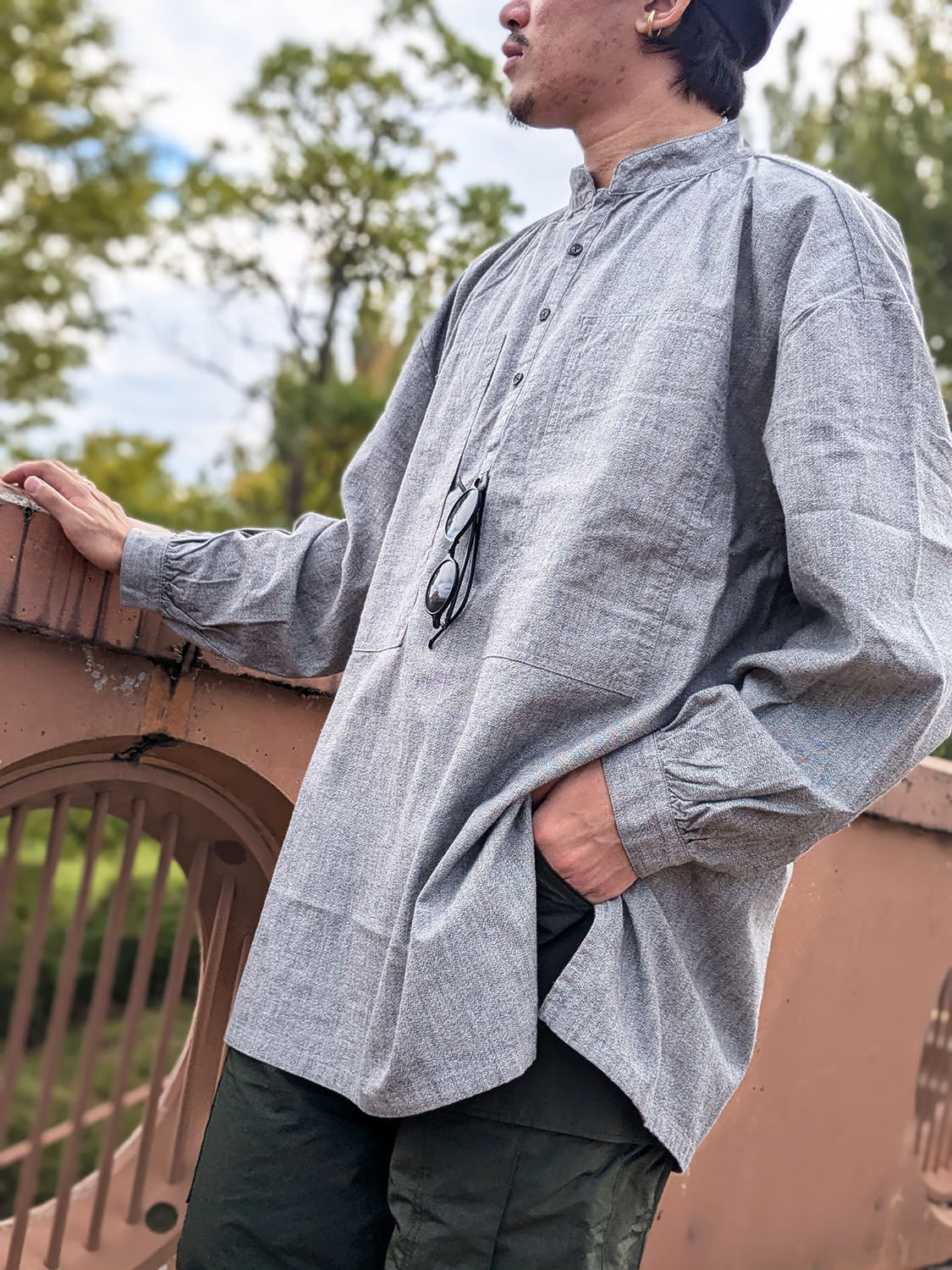 Porter Classic STAND COLLAR LONG SMOCK SHIRT（GRAY）