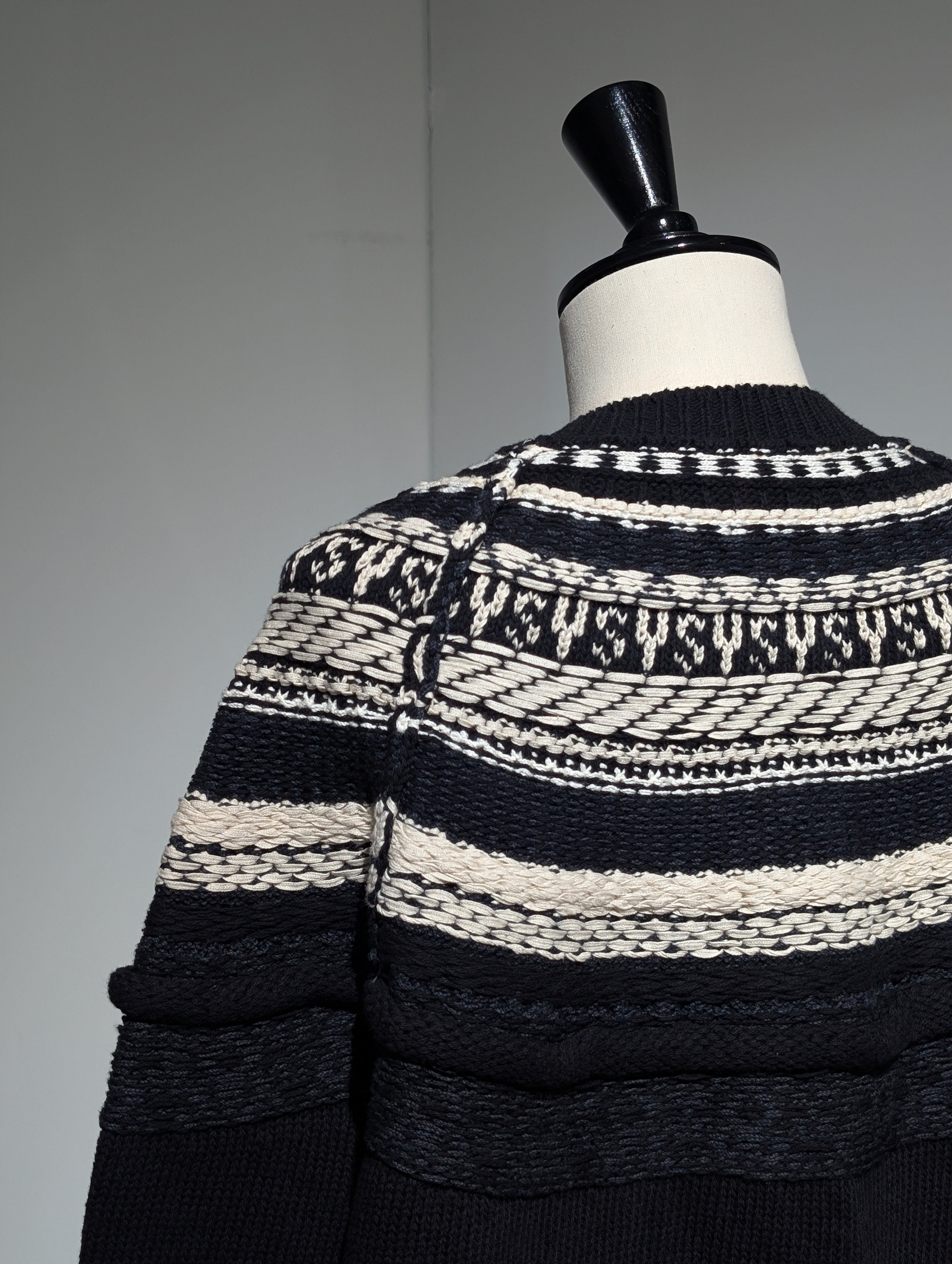 Y's　MIXED MATERIAL FAIR ISLE ROUND NECK CARDIGAN