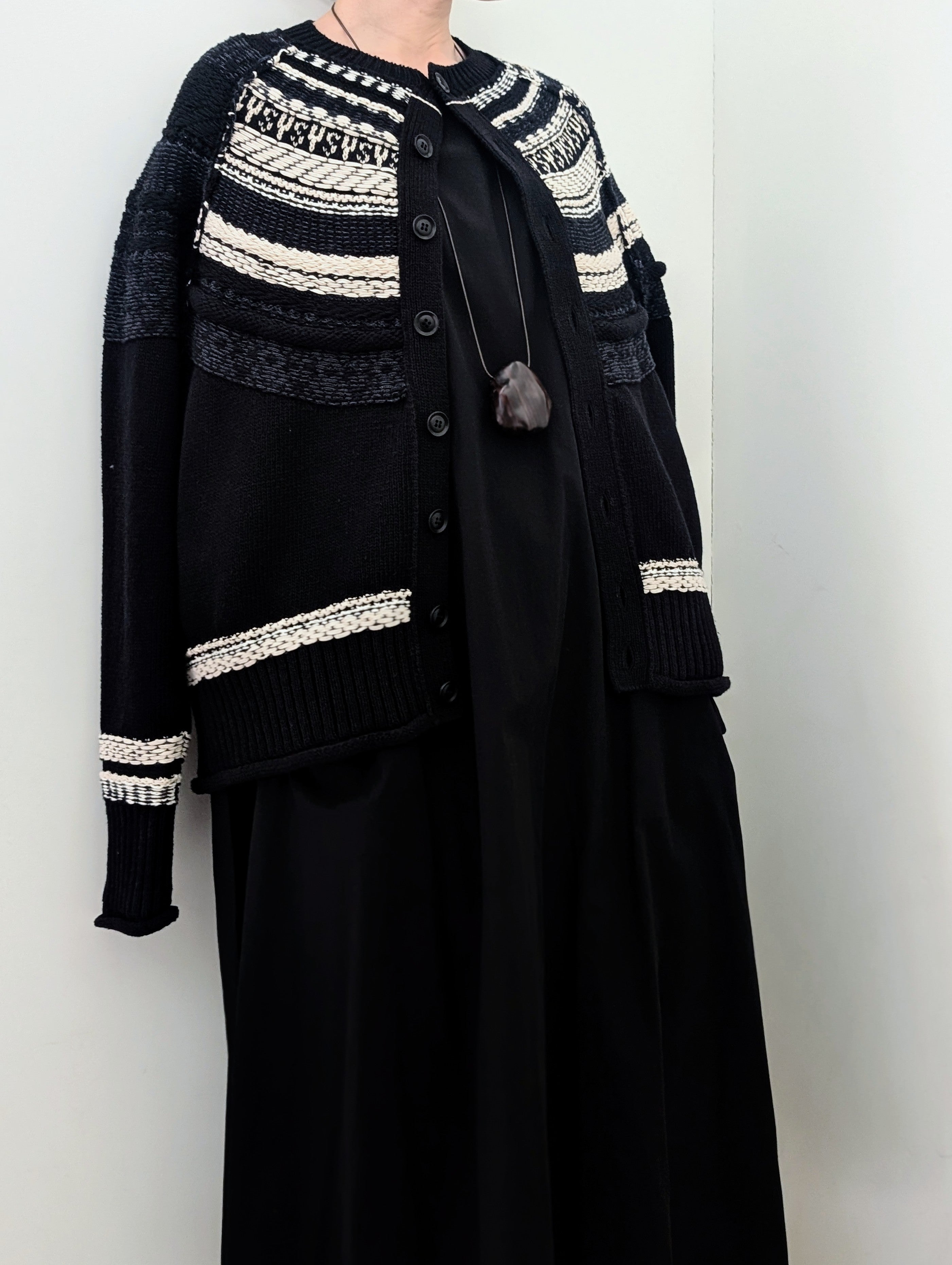 Y's　MIXED MATERIAL FAIR ISLE ROUND NECK CARDIGAN