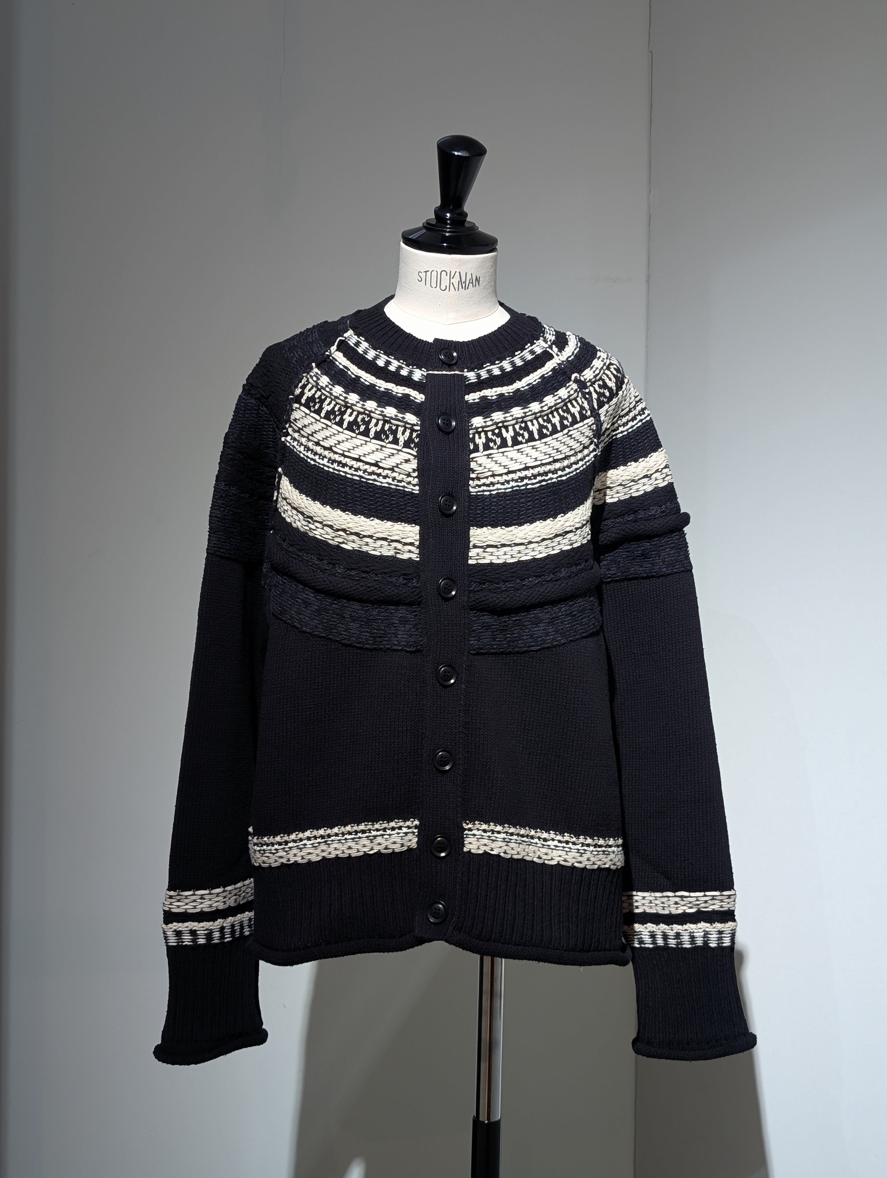 Y's　MIXED MATERIAL FAIR ISLE ROUND NECK CARDIGAN