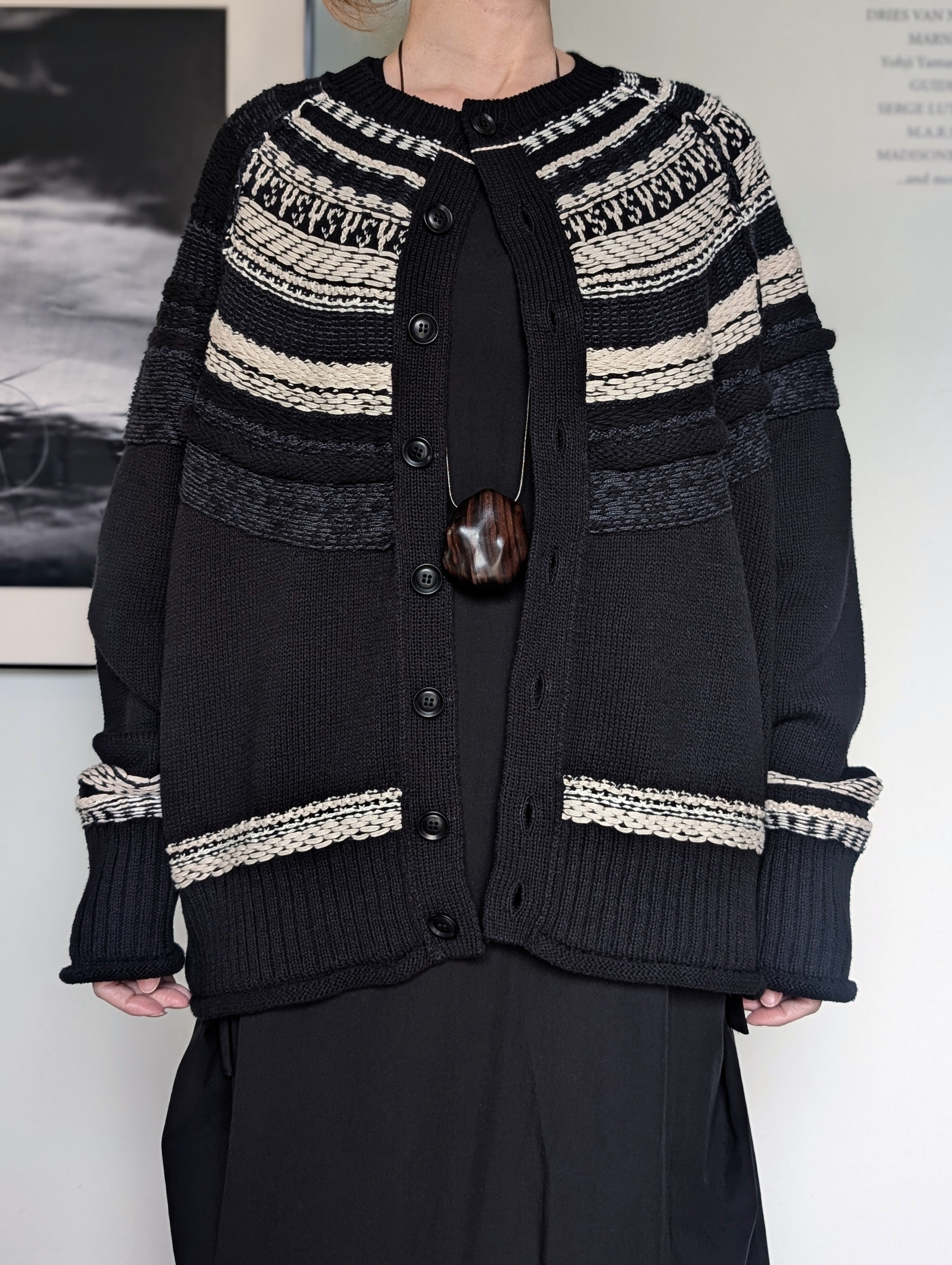 Y's　MIXED MATERIAL FAIR ISLE ROUND NECK CARDIGAN
