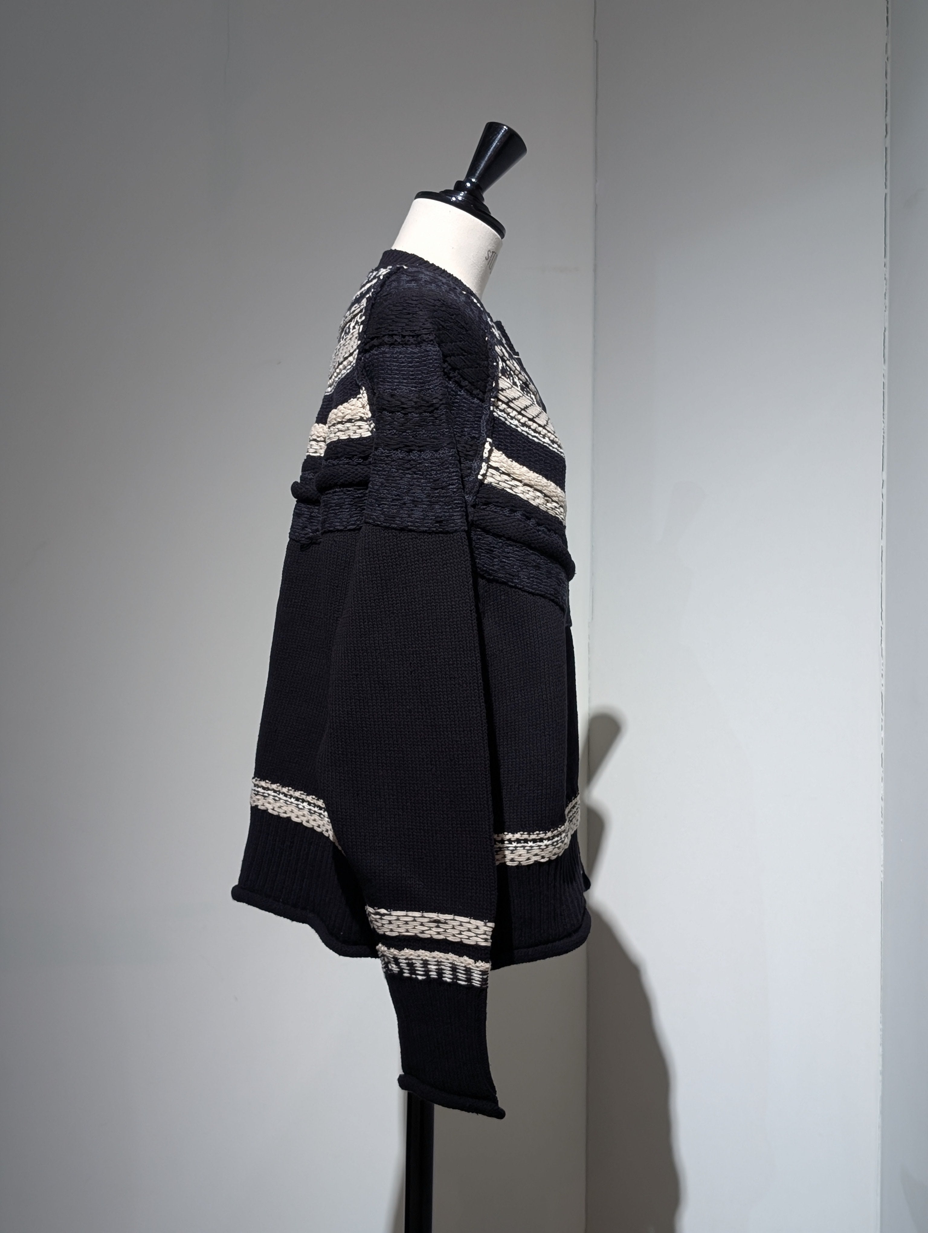 Y's　MIXED MATERIAL FAIR ISLE ROUND NECK CARDIGAN