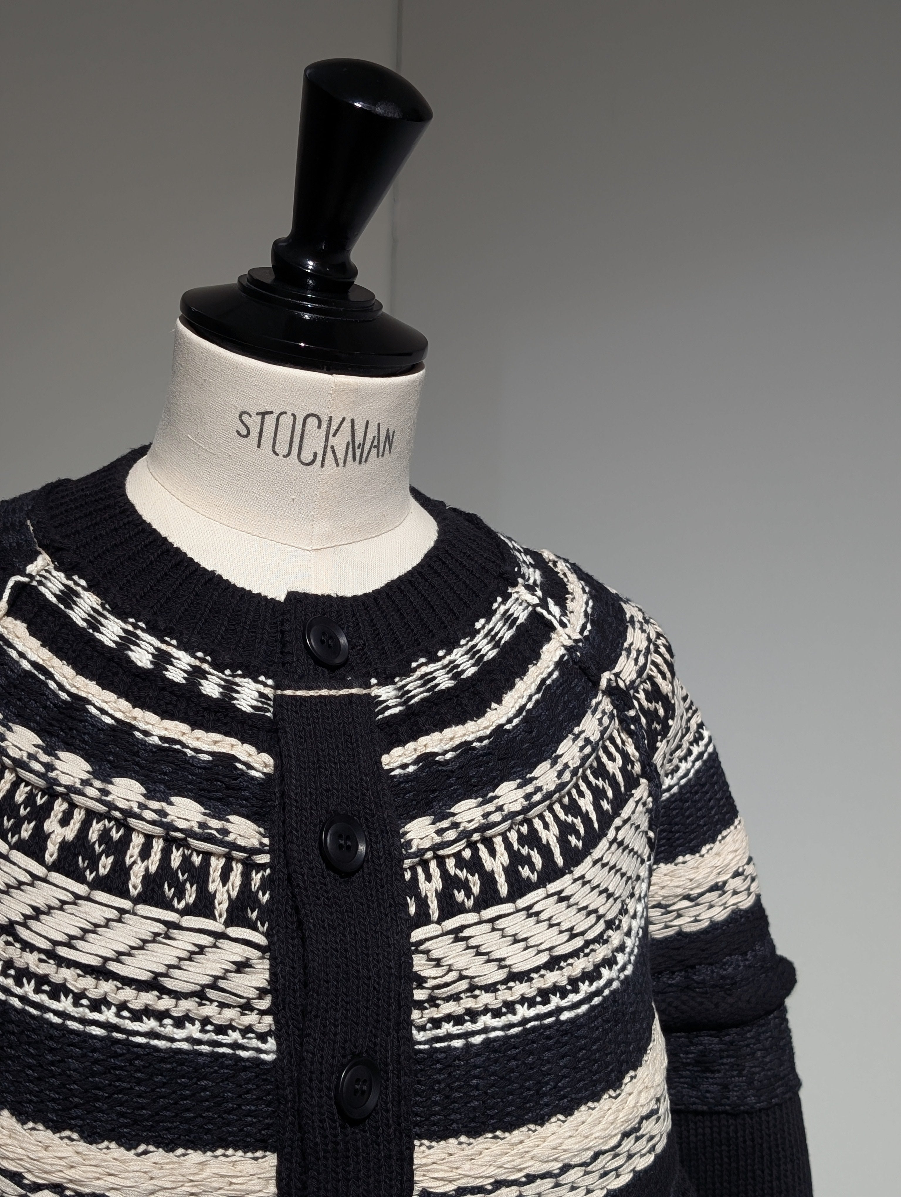 Y's　MIXED MATERIAL FAIR ISLE ROUND NECK CARDIGAN