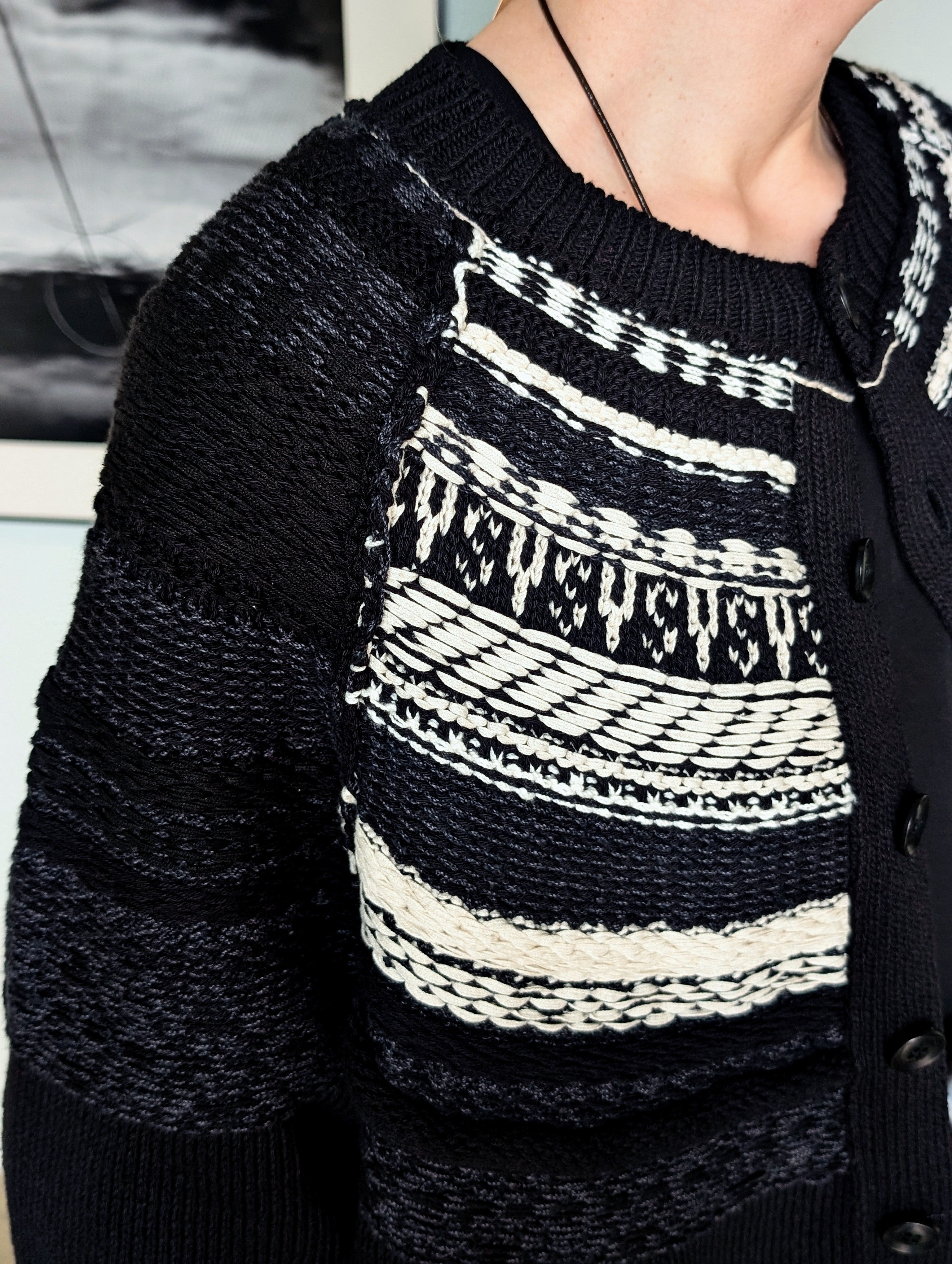 Y's　MIXED MATERIAL FAIR ISLE ROUND NECK CARDIGAN