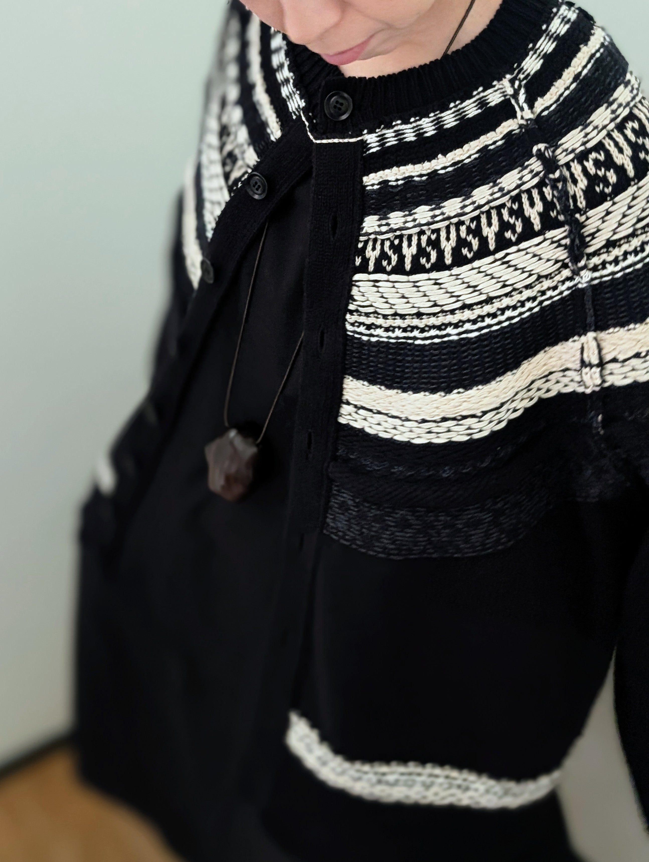 Y's　MIXED MATERIAL FAIR ISLE ROUND NECK CARDIGAN